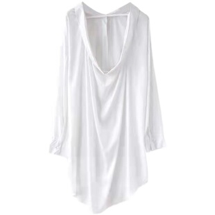 白衬衣睡裙女春秋长袖冰丝睡衣男友风衬衫性感露背宽松大码家居服