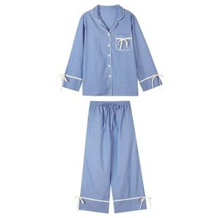馨帮帮Homedress 韩系条纹蝴蝶结绑带睡衣女秋长袖长裤家居服套装