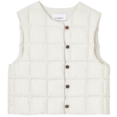LANCY/朗姿2025冬新款白鹅绒气质简约圆领短款白色方格羽绒马甲女