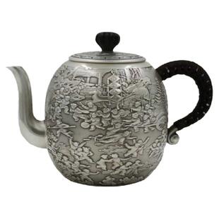 纯银泡茶壶足银999小茶壶银壶侧把百子图茶叶罐家用功夫茶具礼品
