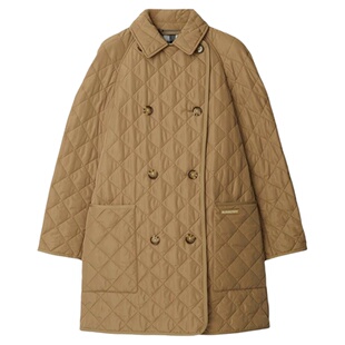【自营】欧洲直邮BURBERRY博柏利女士棕色Logo标贴翻领双排扣棉服