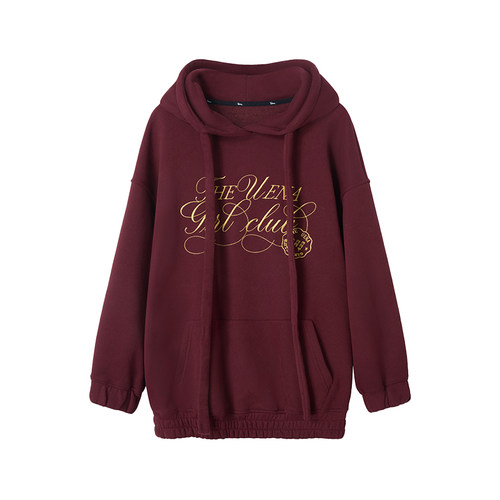 【波尔多日记】Uena美式复古酒红色撞色字母刺绣休闲宽松连帽卫衣