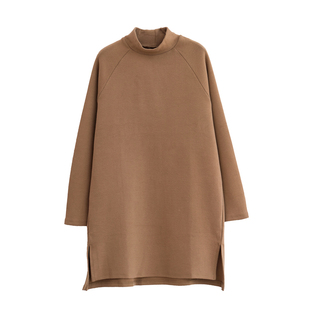 清濯休闲简洁纯色卫衣小高领前短后长小开叉驼长袖套头长款文艺
