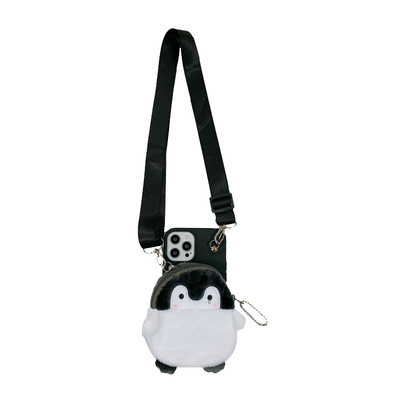 卡通毛绒企鹅卡包斜跨挂绳手机壳