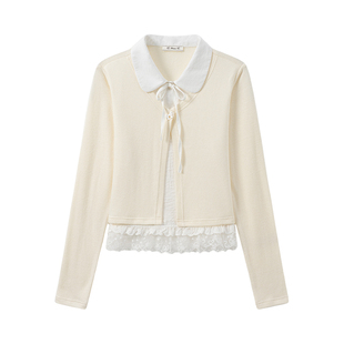 奶油的宇宙 绑带蕾丝花边假两件polo针织长袖女甜美修身短款上衣