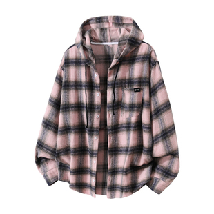 it :5cm/FIVECM粉色连帽格子长袖衬衫男款2026秋冬季休闲衬衣上衣