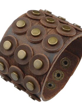 铜色六边形铆钉咖啡棕皮圆盘手链