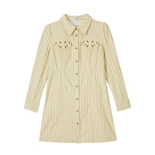 MSLAN条纹肌理棉 26春文艺复工翻领收腰连衣裙