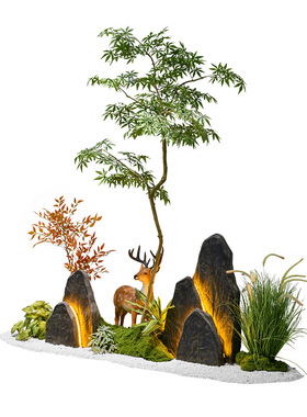 大型室内酒店新中式高档造景仿真绿植假山石入户景观落地装饰摆件