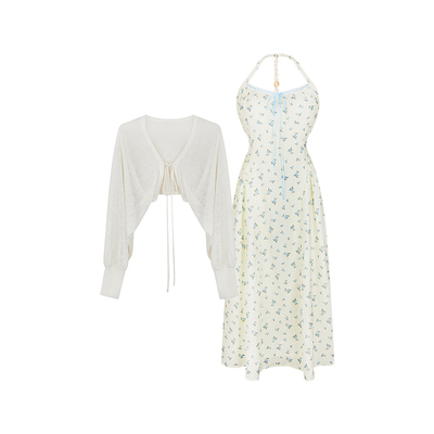 安妮不火80莱赛尔天丝皱碎花串珠挂脖裙女微胖大码可爱收腰小裙子