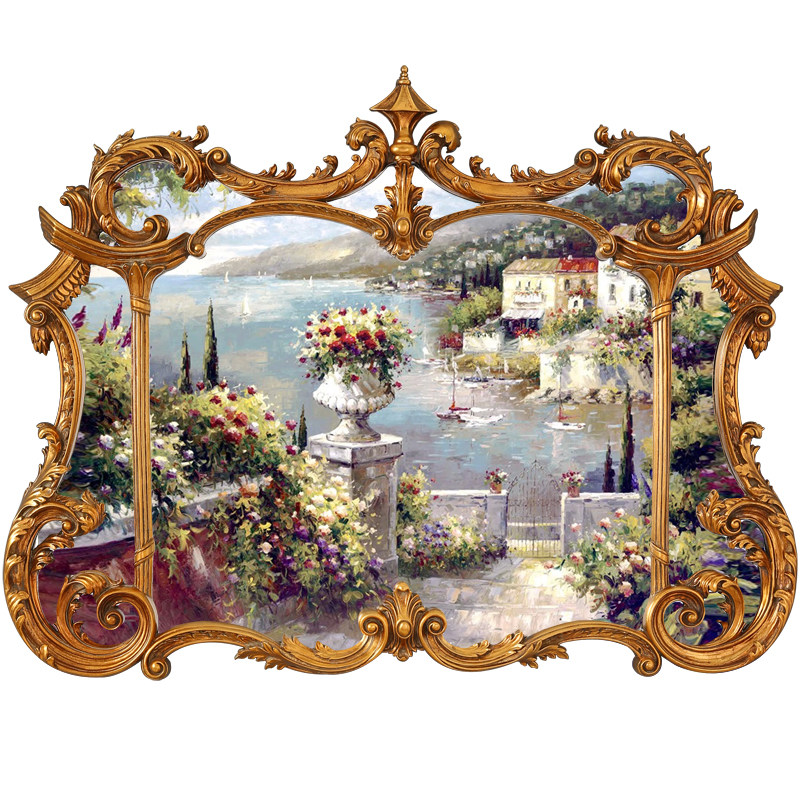 128x99欧美式奢华异形地中海风景画手绘横版壁炉油画金色客厅沙发