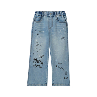 布丁哈鲁春装女童童装裤子2026春季新款儿童设计感涂鸦牛仔裤