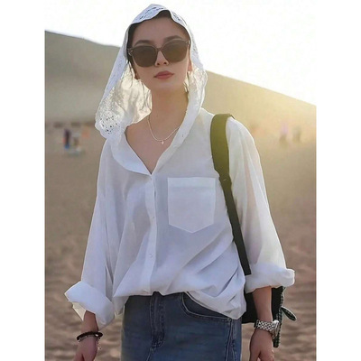 F 37054 Lace hollow hooded shirt 蕾丝镂空连帽衬衫跨境外