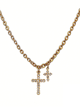 美式金色双子镶钻十字架吊坠男生项链轻奢高级感街头嘻哈钛钢潮牌