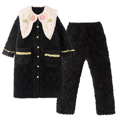 睡袍夹棉睡衣女珊瑚绒法式郁金香