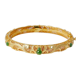 宫里上新银手镯女款天然碧玉古法纯银花丝金包银镯子国风生日礼物