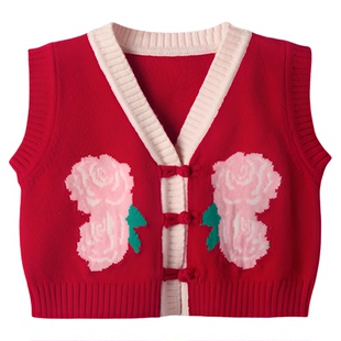 木本尚女童秋冬毛衣背心2026新款宝宝可爱针织马甲儿童红色过年服