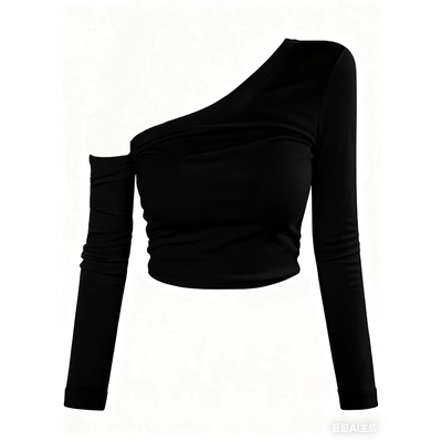 黑色斜肩露肩长袖T恤女