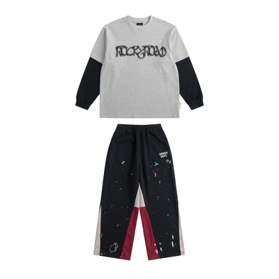 ROCKYROAD童装新款美式字母印花假两件拼接长袖卫衣打底衫休闲裤