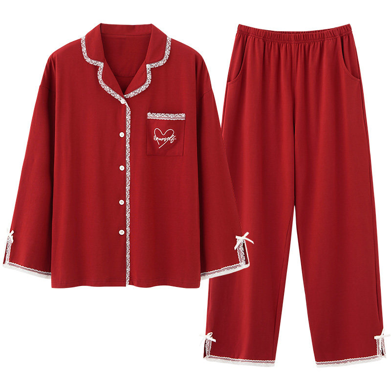 马克公主纯棉红色长袖婚庆家居服