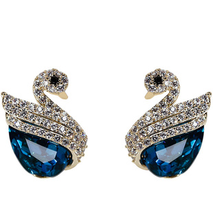 无洞日式透明U形耳夹蓝水晶天鹅耳钉微镶小巧女气质蚊香盘耳饰