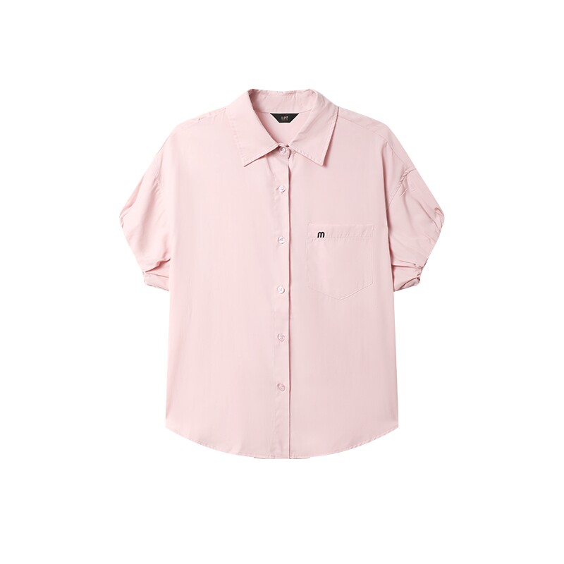 白鹿语花苞袖衬衣夏季新款休闲翻领口袋绣花短袖宽松女式衬衫
