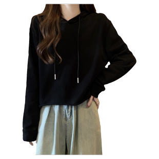 短款卷边下摆连帽卫衣女春秋宽松显瘦百搭纯色简约学生上衣外套潮