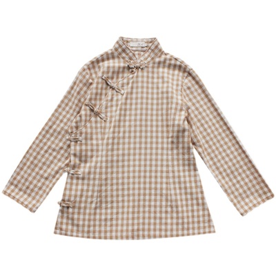 凤凰记|素问2中式女装新品棉布格子复古修身盘扣长袖大码旗袍上衣