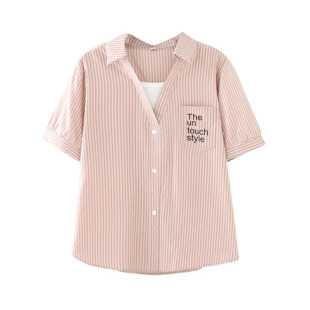 2026新款女装胖mm夏装假两件条纹衬衫女大码口袋字母印花短袖上衣