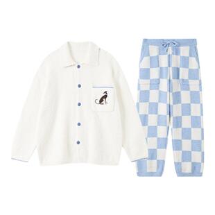 形内睡衣女套装格子半边绒秋冬款2024新款冬季保暖加绒刺绣家居服