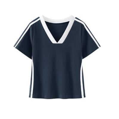 班尼路撞色V领短袖t恤女夏季上衣
