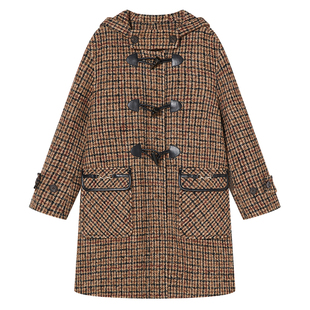 Goodland美地格纹牛角扣毛呢大衣外套女宽松版学院风LC34580300