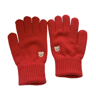 韩系可爱小熊毛线针织分指手套女可触屏露指防风秋冬加厚百搭骑行