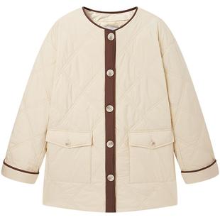 太平鸟新款菱形格绗缝圆领浅卡其棉服女品质感棉衣外套A1ABF1106