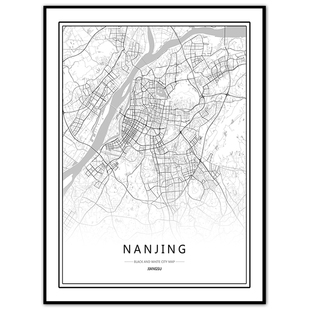 江苏南京苏州无锡创意艺术线描黑白城市地图装饰画墙简约小众挂画