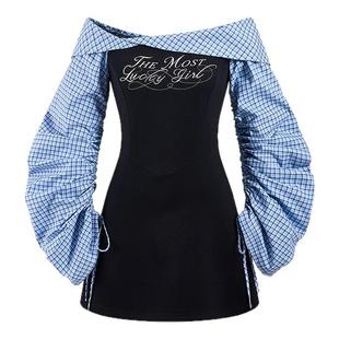 A21女装一字领露肩连衣裙拼接格子修腰短裙