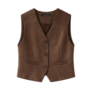 拉夏贝尔/La Chapelle咖色麂皮绒背心马甲女秋季新款外搭坎肩上衣