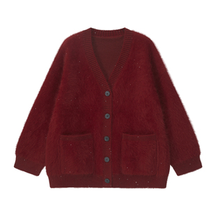艾文文IRIS 幸运星 2026新款冬复古红色女士针织开衫上衣毛衣外套