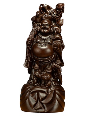 黑檀木雕弥勒佛像摆件实木多子多福五子登科布袋笑佛乔迁开业送礼