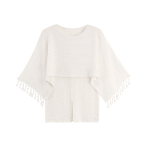 MANNALA丨“双层”极简气质白色围巾领手工流苏斗篷式针织衫Q4496