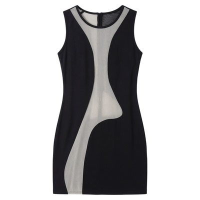 Mesh-paneled open-back slim-fit dress网纱拼接露背修身连衣裙