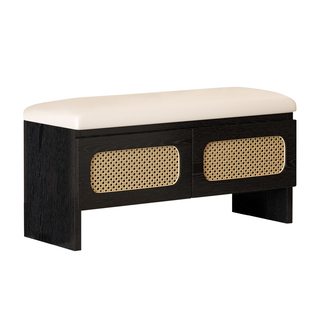 家用门口实木换鞋凳窄鞋柜藤编进门北欧日式入户软包坐凳一体创意