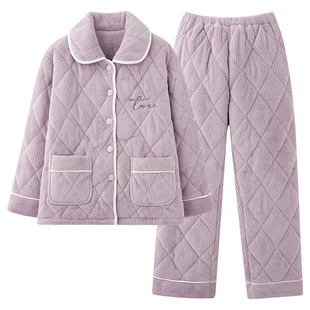 三层夹棉睡衣女款加绒加厚冬季女士套装2025秋冬新款珊瑚绒家居服