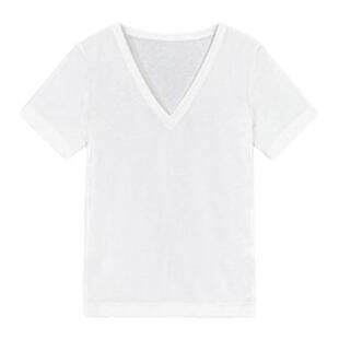 Basic House/百家好宽松含桑蚕丝正肩V领白色丝光棉短袖T恤女夏季