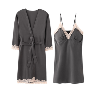 睡衣睡裙女夏性感冰丝女士春秋季带胸垫薄款黑色吊带睡裙两件套装