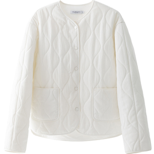 CR棉服棉衣外套棉袄女装2026冬季新款短款圆领简约宽松轻薄白色