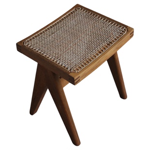 朴室 中古风侘寂风缅甸柚木实木昌迪加尔藤编凳梳妆凳换鞋凳