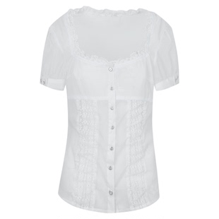 DoublePunch春夏原创清透纱面料方领收腰复古蕾丝花边公主袖衬衣