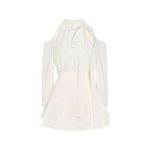 Kroche 26ss girlcore 缎面拼接露肩收腰A摆领口飘带挂脖连衣裙