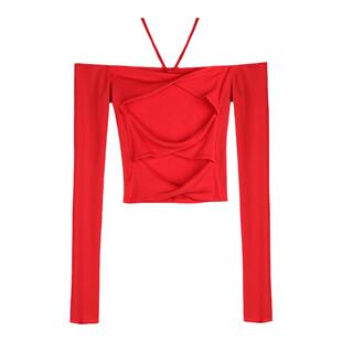 【何超莲同款】龙脸DRAGONFACE露肩背上衣一字肩修身针织上衣红品